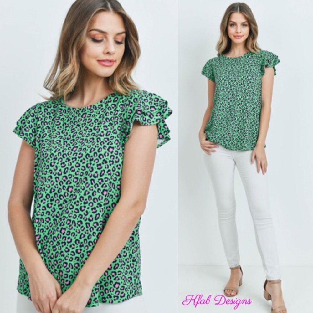 Leopard Print Ruffle Sleeve Knit Top - Picture 3 of 4
